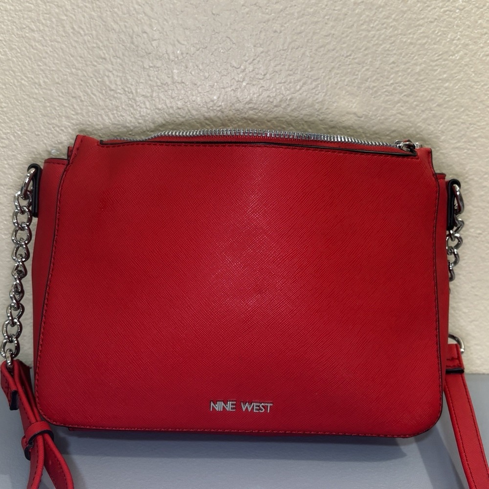 Nine West‎ Crossbody Purse Bag Handbag Chili Red Leather Multi Section Pockets